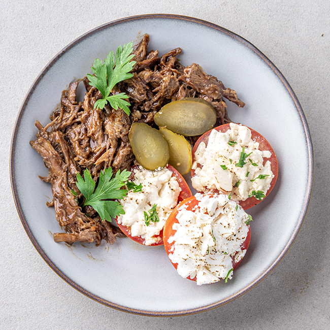 Greek Pulled Beef Bowl With Feta, Baked Tomatoes & Gherkins